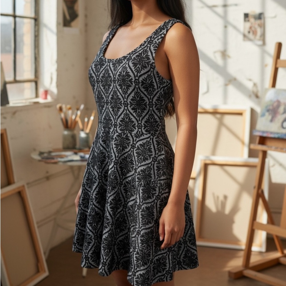 Timing Black and Gray Midi Dress New